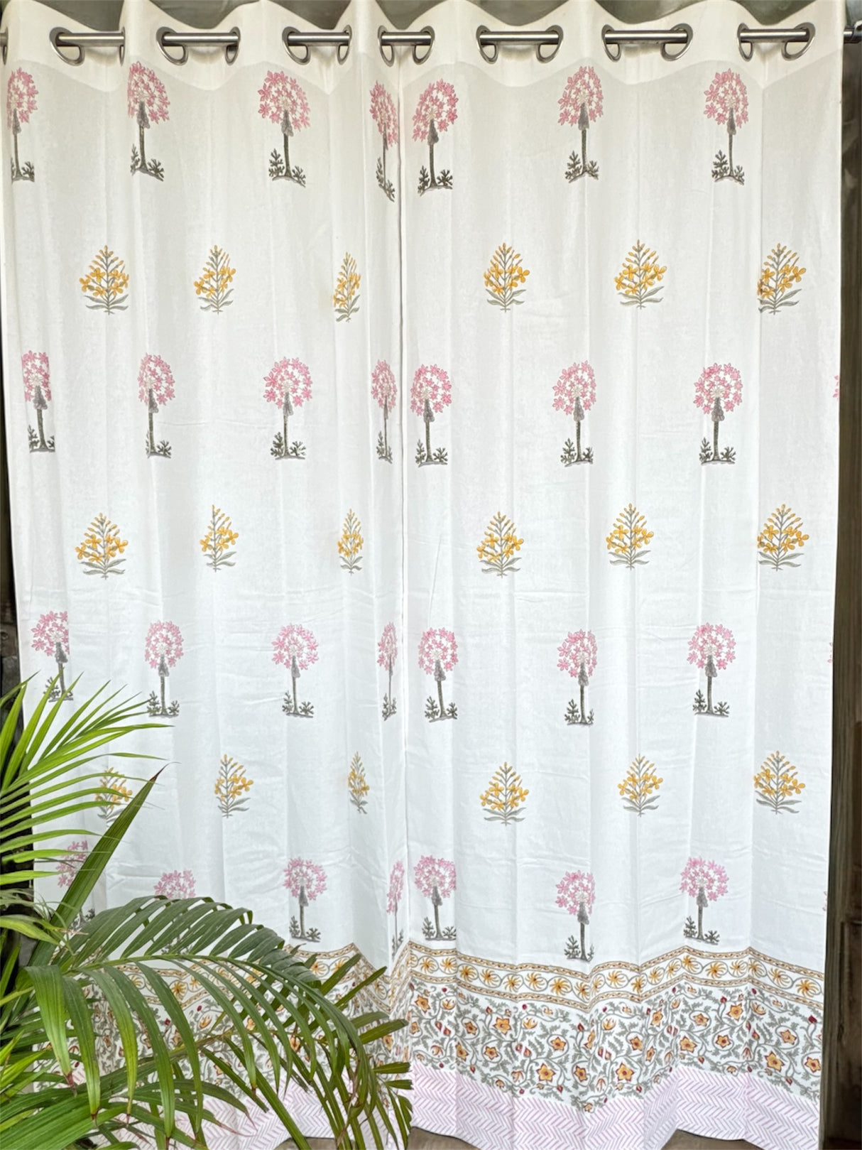 Pretty Pink Yellow Blockprint Cotton Curtain