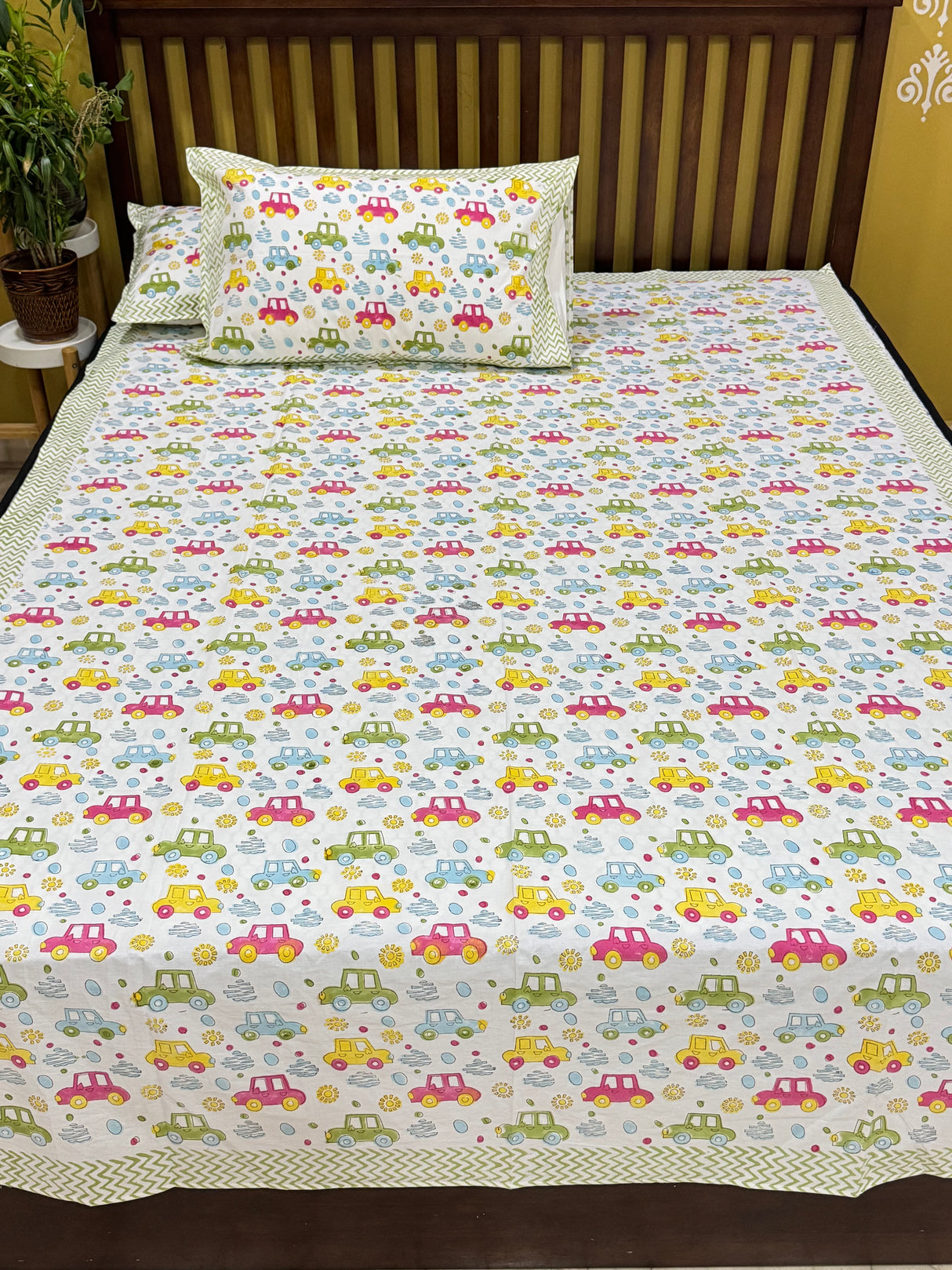 Cute Colorful Car Handblock Printed Kids Cotton Bedsheet