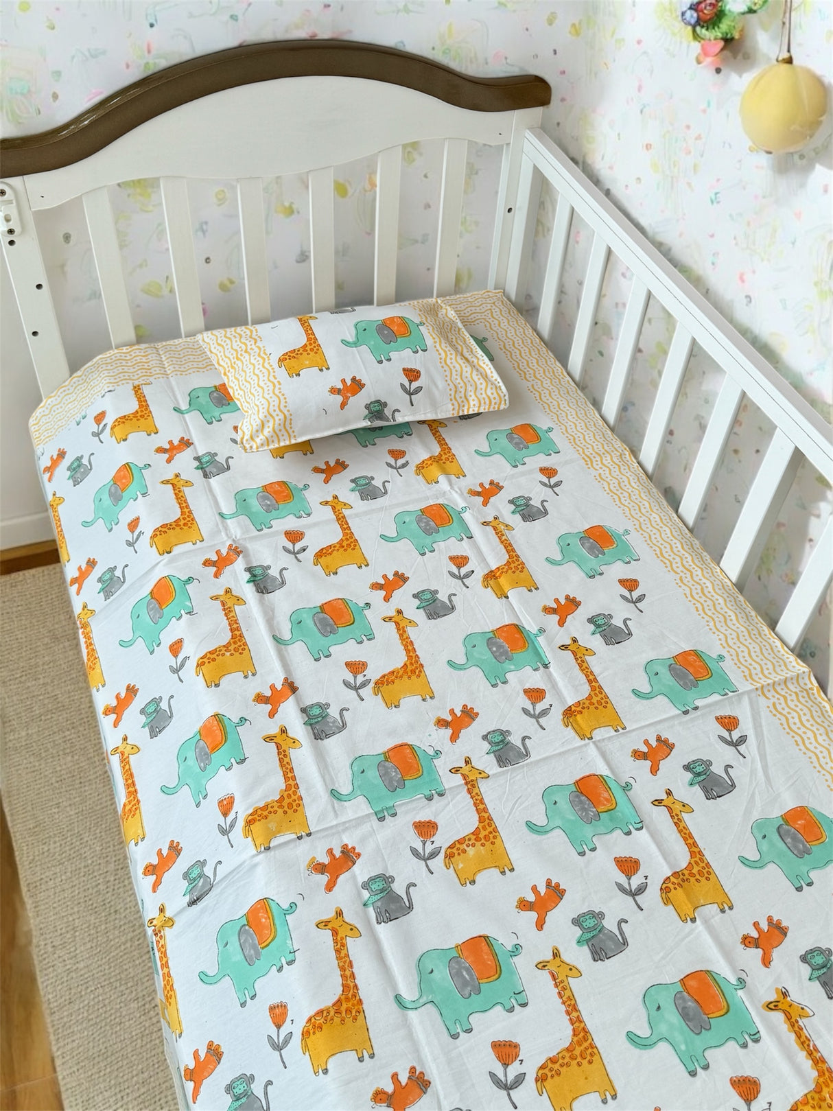 Cot Sheet- Animals Blockprint Cotton -Cot Size (60-40 inches)