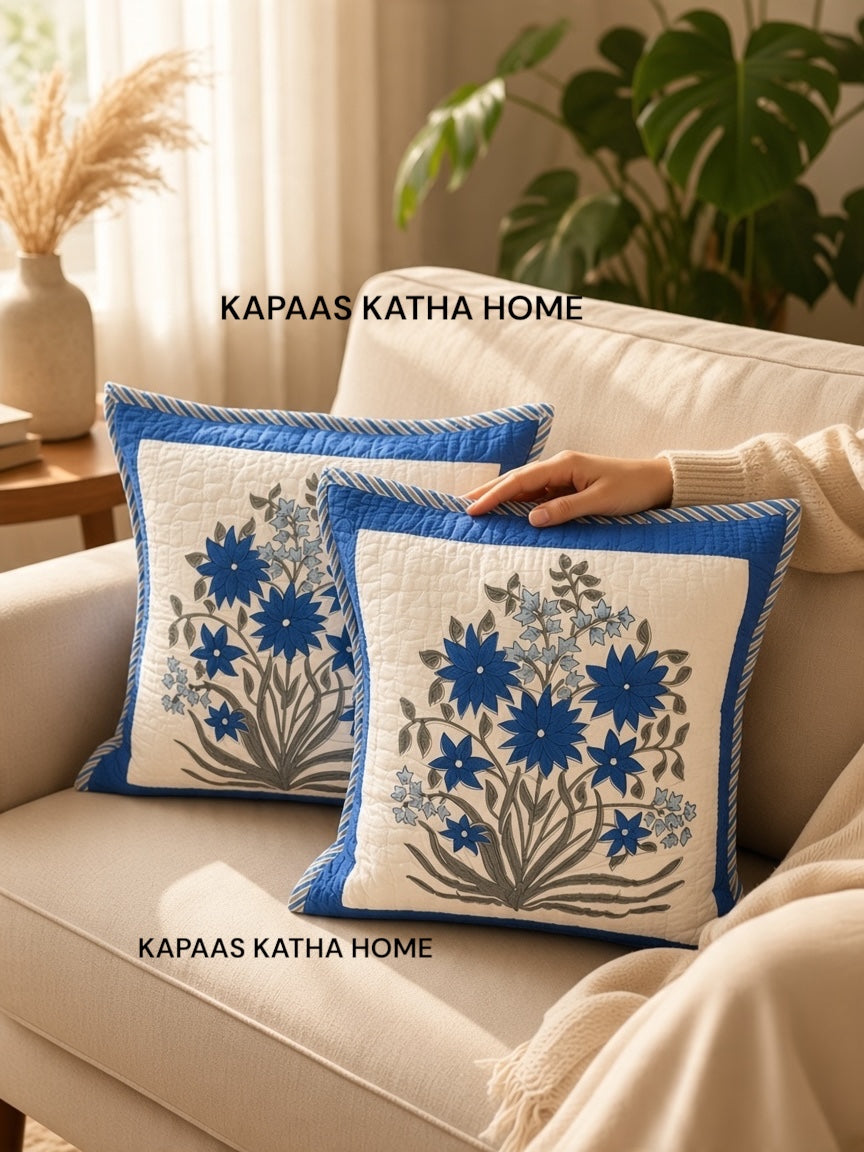 Pair of Quilted Handblock Printed Cushion Covers- 16*16 inches