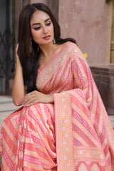 Peach Pure Banarsi Gerogette Bandhani Saree