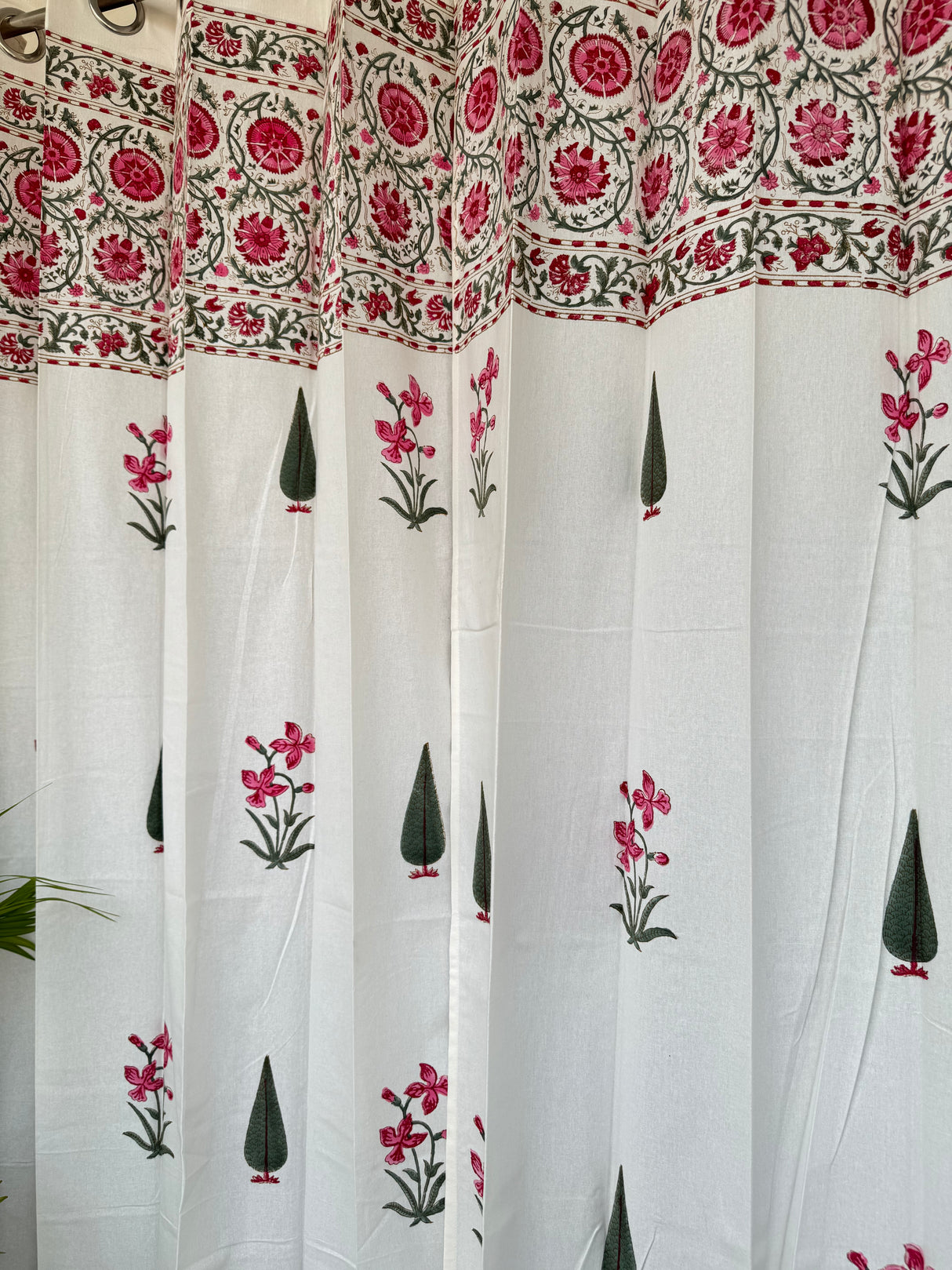 Elegant Pink Floral Blockprint Cotton Curtain