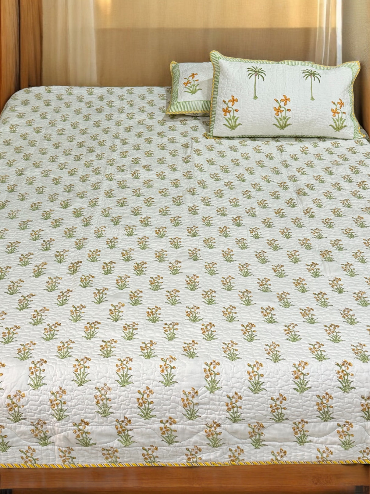 KING Size Quilted Blockprint REVERSIBLE Mulmul Bedcover (108*108 inches)