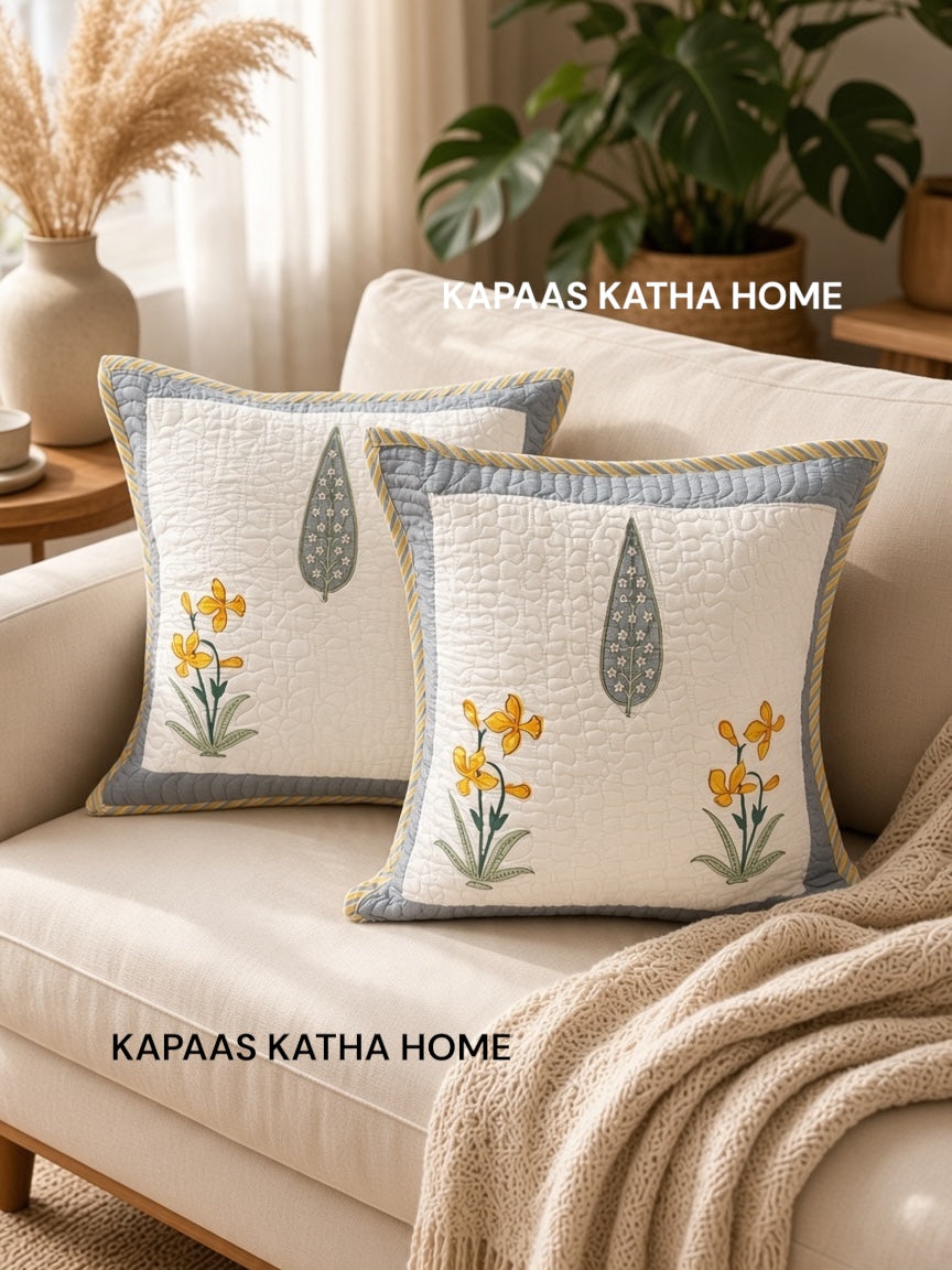 Pair of Quilted Handblock Printed Cushion Covers- 16*16 inches