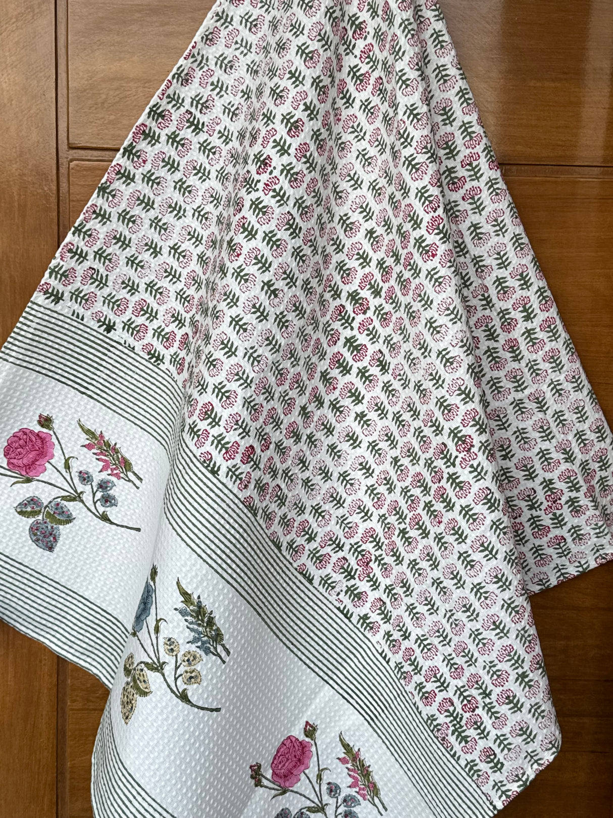 Rose Flowers Blockprint Cotton Towel- Waffle Weave
