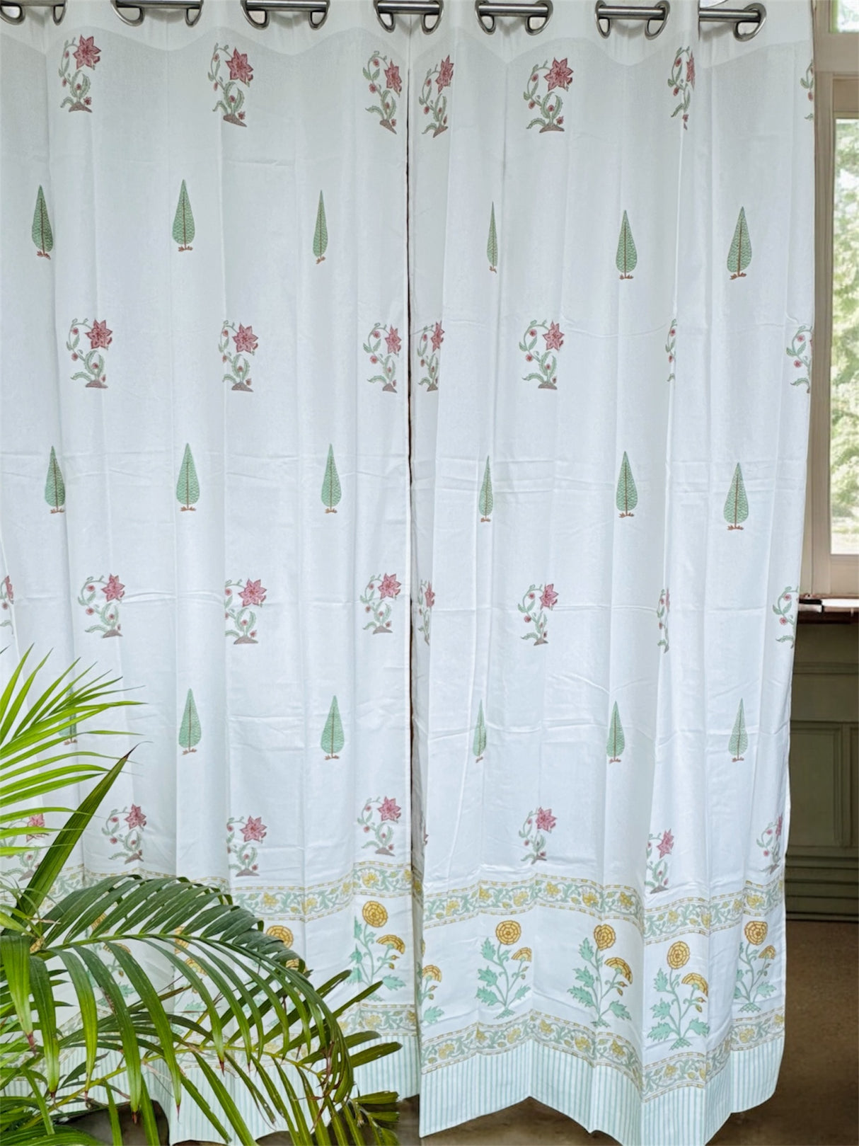 Elegant Floral Blockprint Cotton Curtain