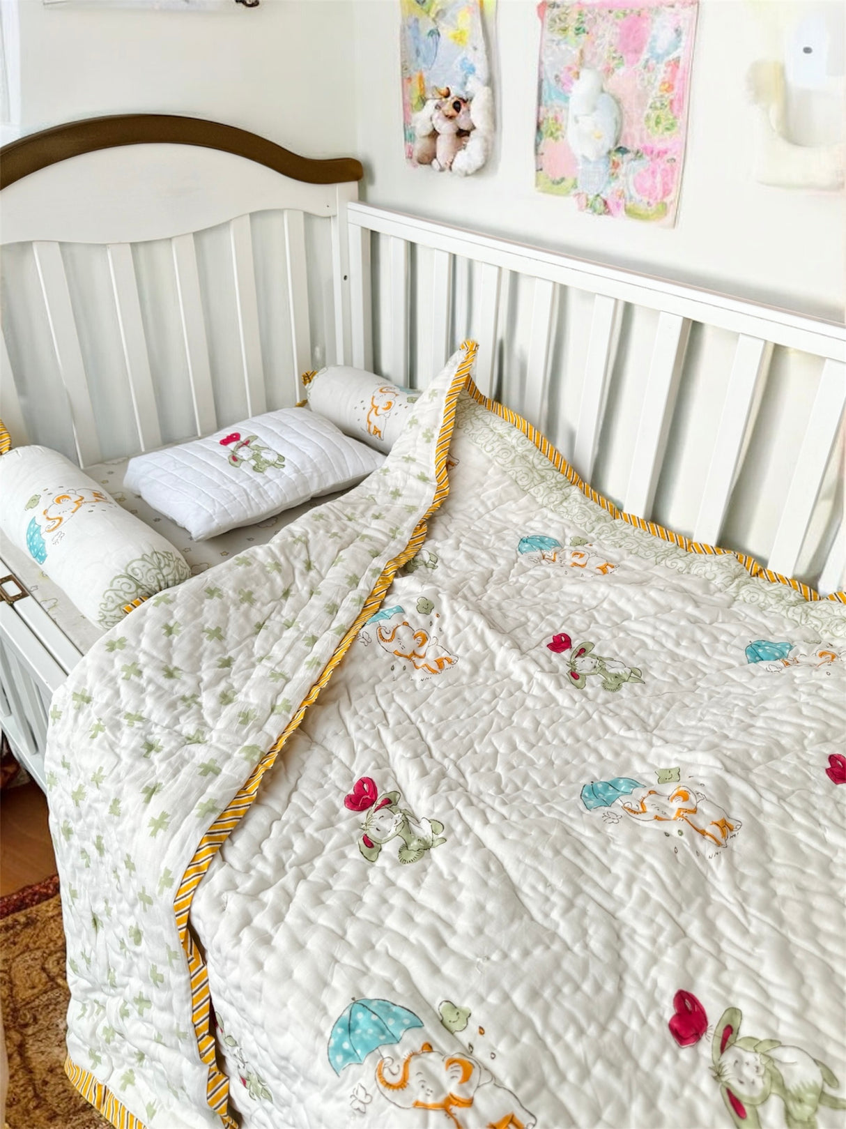 Cute Elephant Cot Set- Blockprint (1 quilt, 1 pillow, 2 bolsters)