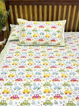Cute Colorful Car Handblock Printed Kids Cotton Bedsheet