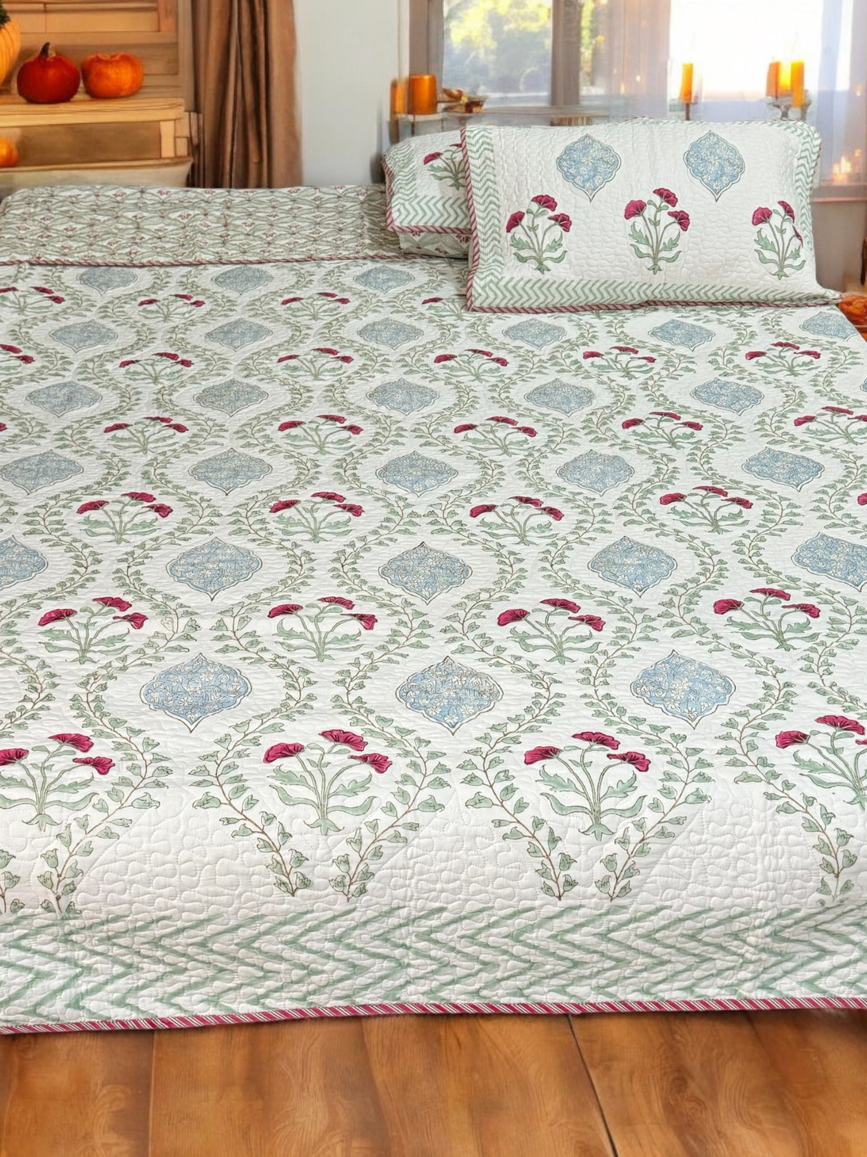 KING Size Quilted Blockprint REVERSIBLE Mulmul Bedcover (108*108 inches)