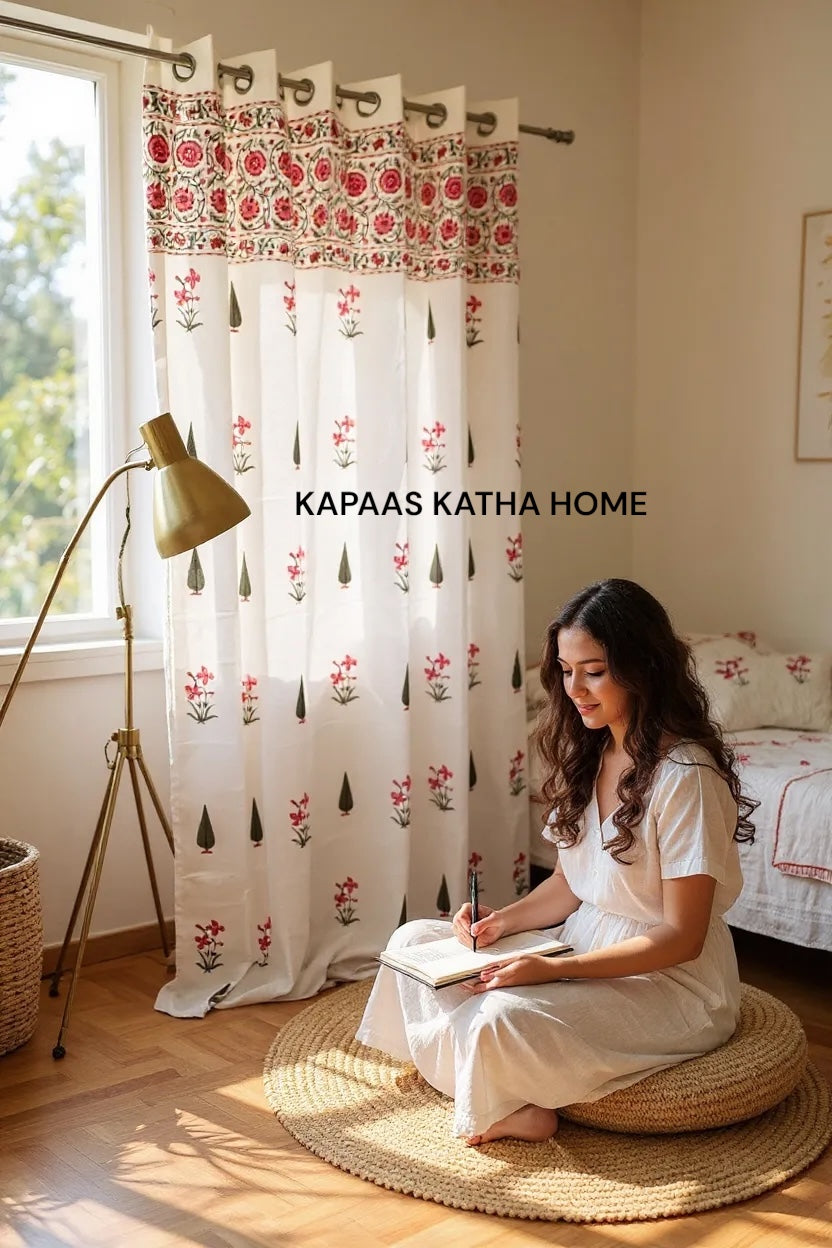 Elegant Pink Floral Blockprint Cotton Curtain
