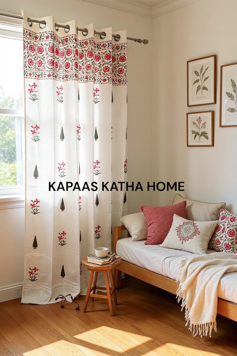 Elegant Pink Floral Blockprint Cotton Curtain