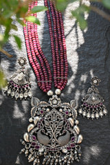 Handcrafted Peacock Theme Silver Pendant in Semi Precious Ruby Mala with Earrings