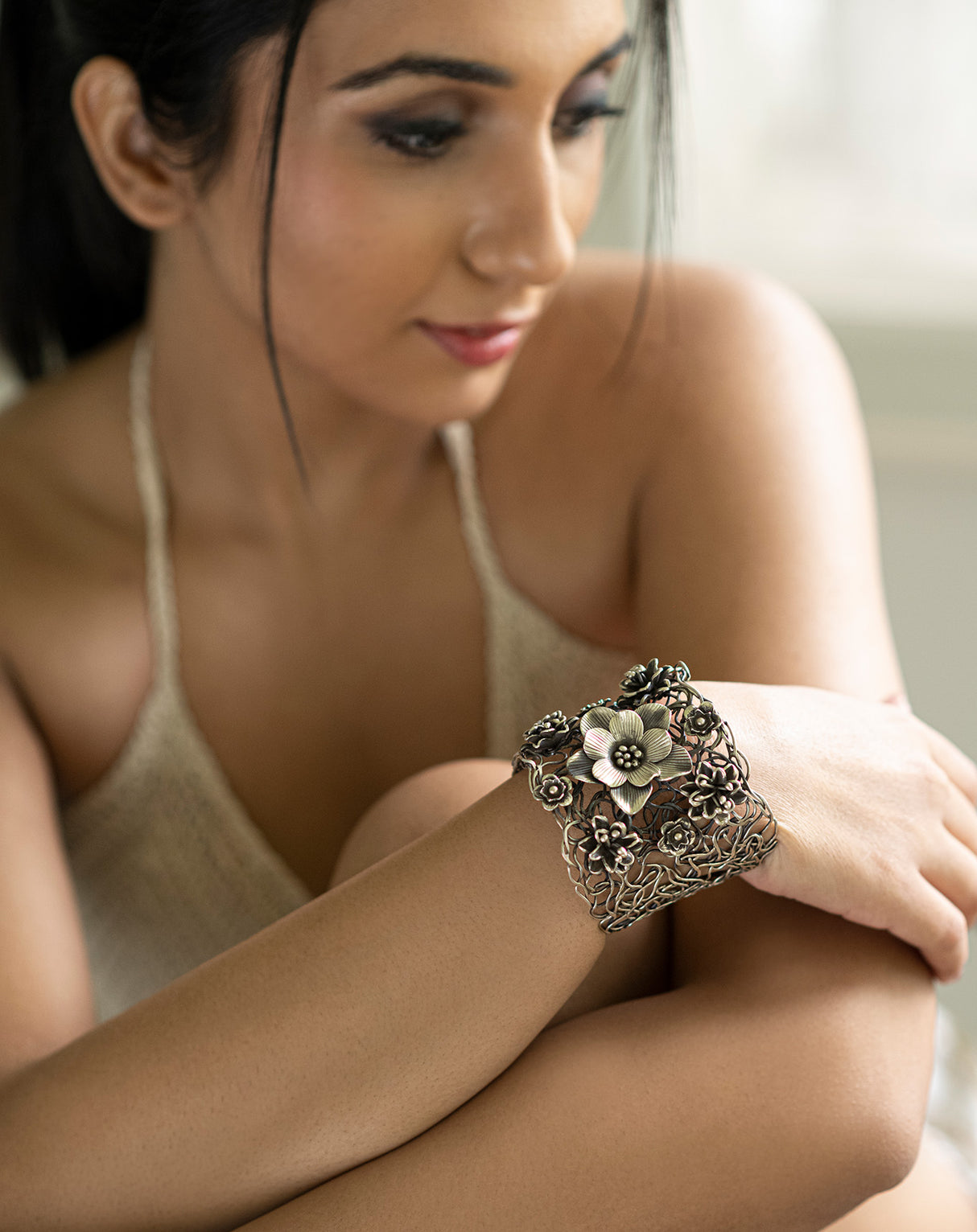 Handcrafted Flowers and Vines Silver Hand Cuff