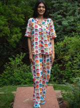 Off White Colourful Owl Theme Cotton Printed Pajama Set (ONLY S AVAILABLE)