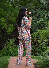 Off White Colourful Owl Theme Cotton Printed Pajama Set (ONLY S AVAILABLE)