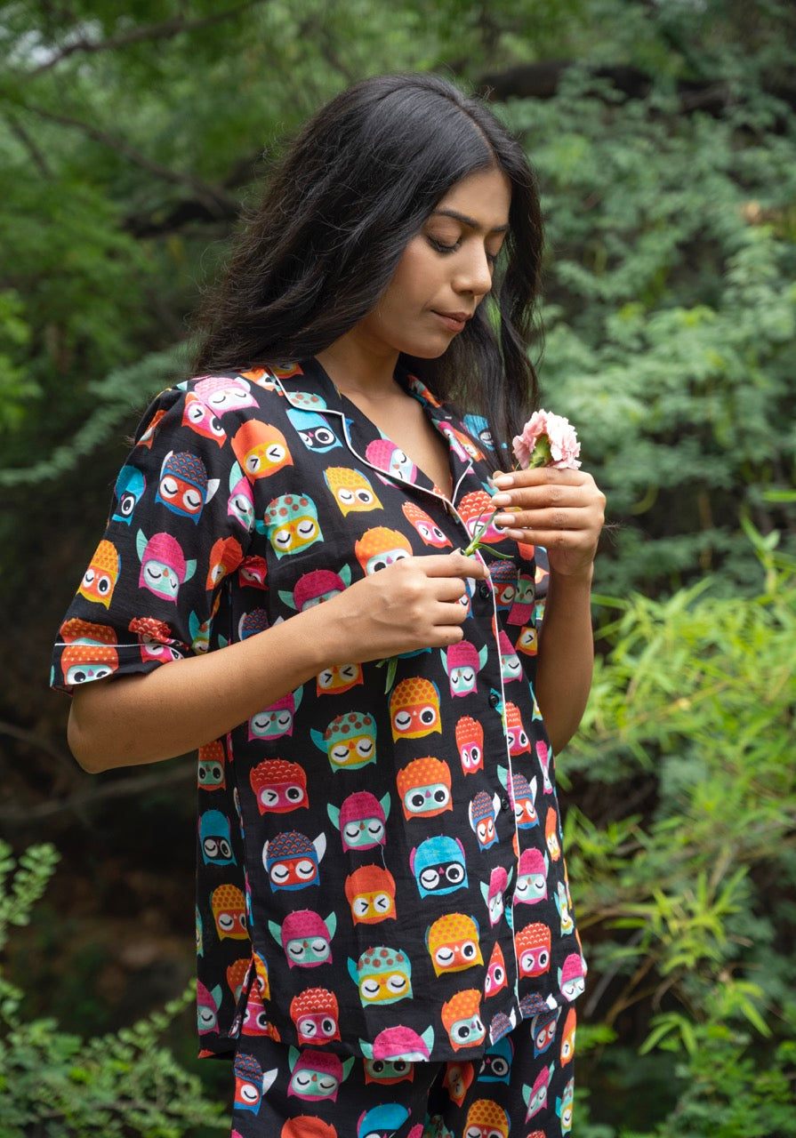Black Colourful Owl Theme Cotton Printed Pajama Set