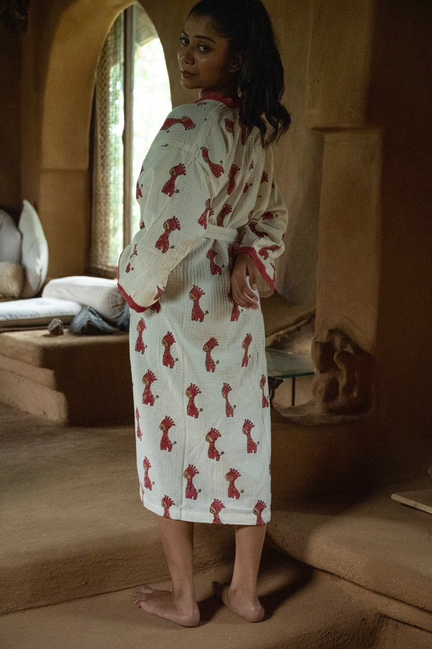 🦒  Cotton Waffle Handblock Printed Bath Robe