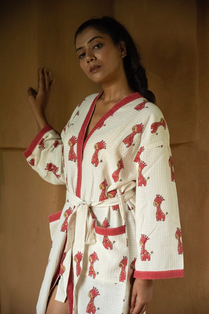 🦒  Cotton Waffle Handblock Printed Bath Robe