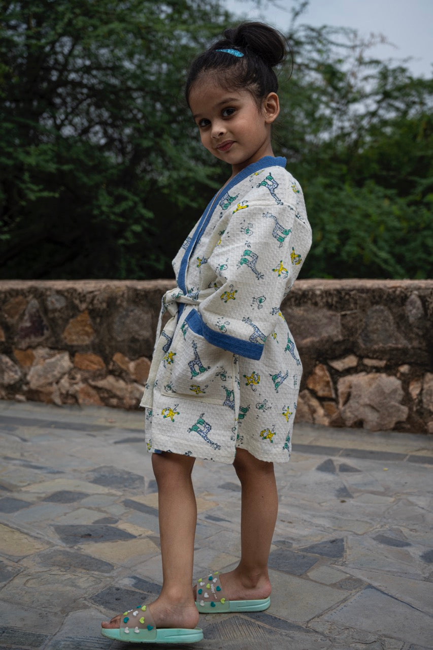 Animals Kids Bathrobe-Cotton Waffle Blockprint