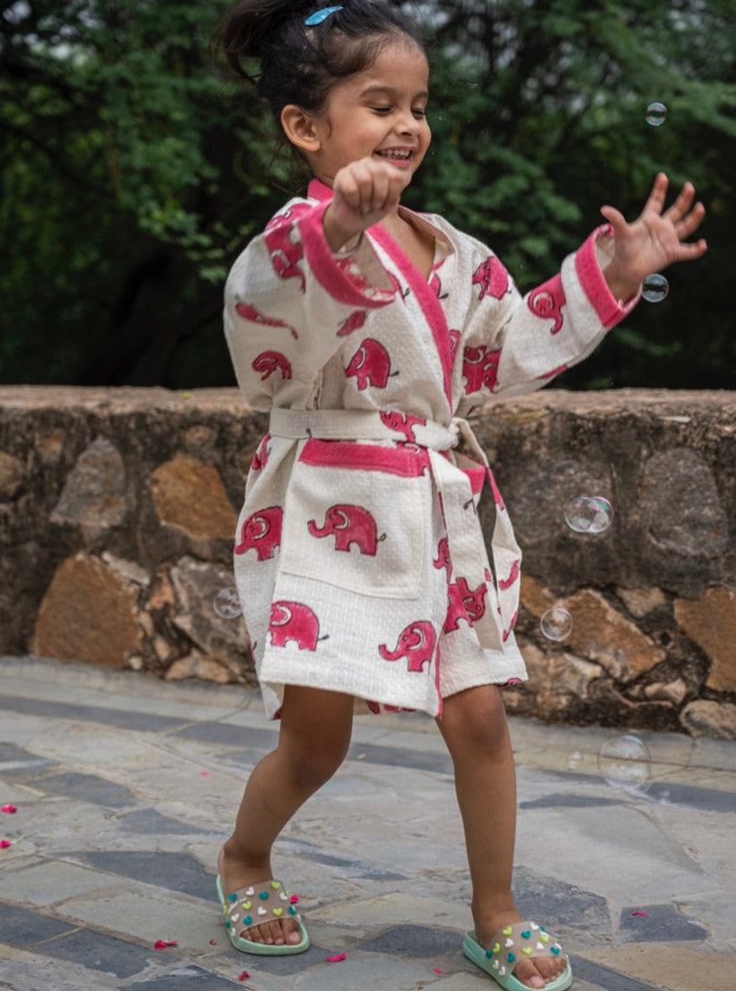 Elephant Kids Bathrobe-Cotton Waffle Blockprint