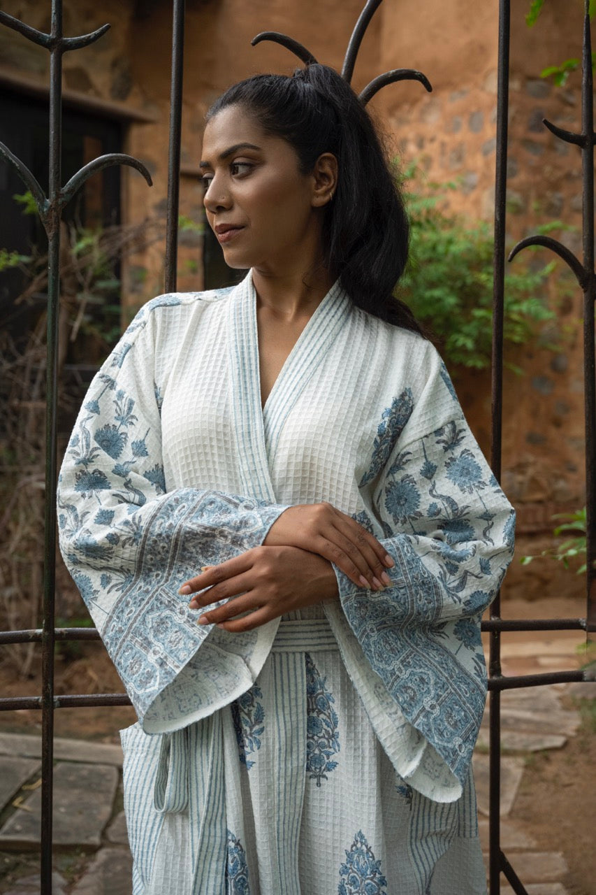 Floral Cotton Waffle Handblock Printed Bath Robe