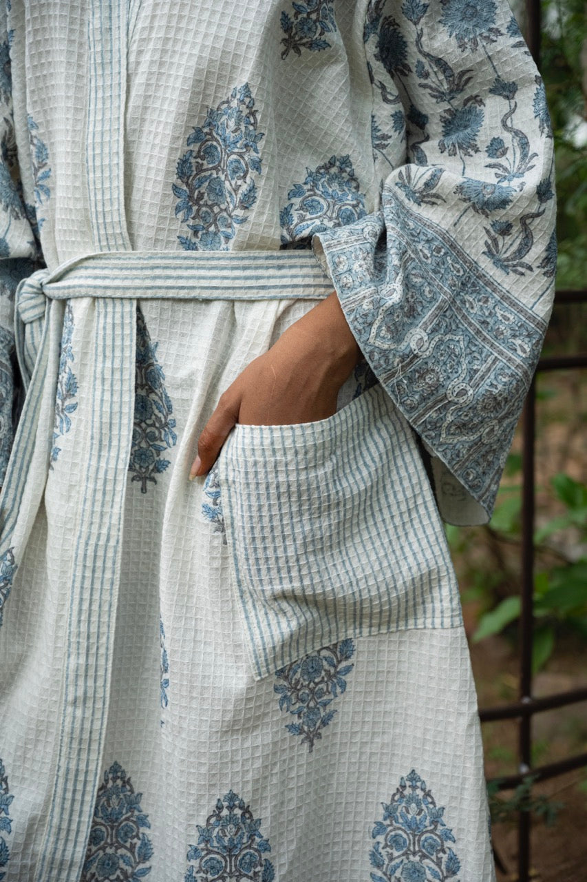 Floral Cotton Waffle Handblock Printed Bath Robe