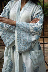 Floral Cotton Waffle Handblock Printed Bath Robe