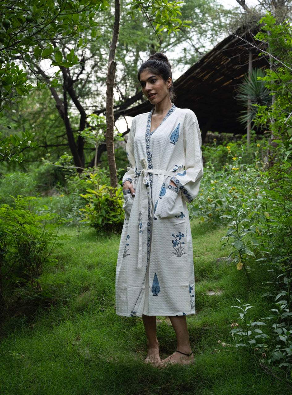 Cotton Waffle Handblock Printed Bath Robe