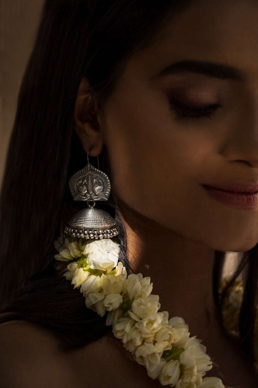 Handcrafted Peacock Theme Silver Jhumkis
