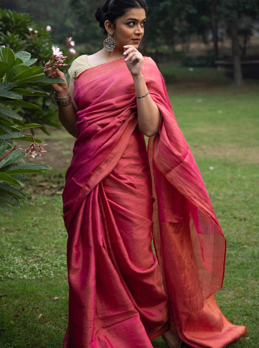 Handloom Tissue Linen Saree in Dual Shade Pink and Gold