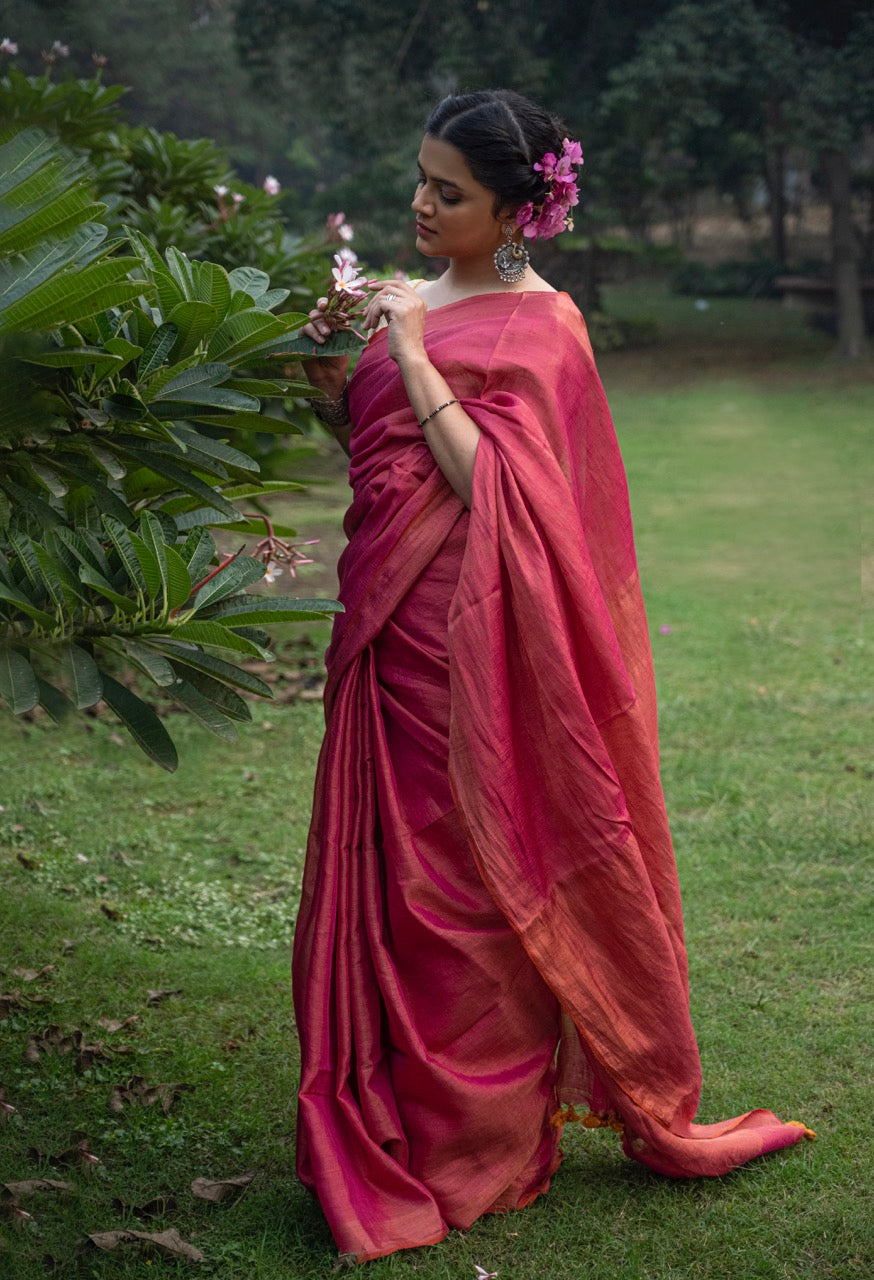 Handloom Tissue Linen Saree in Dual Shade Pink and Gold