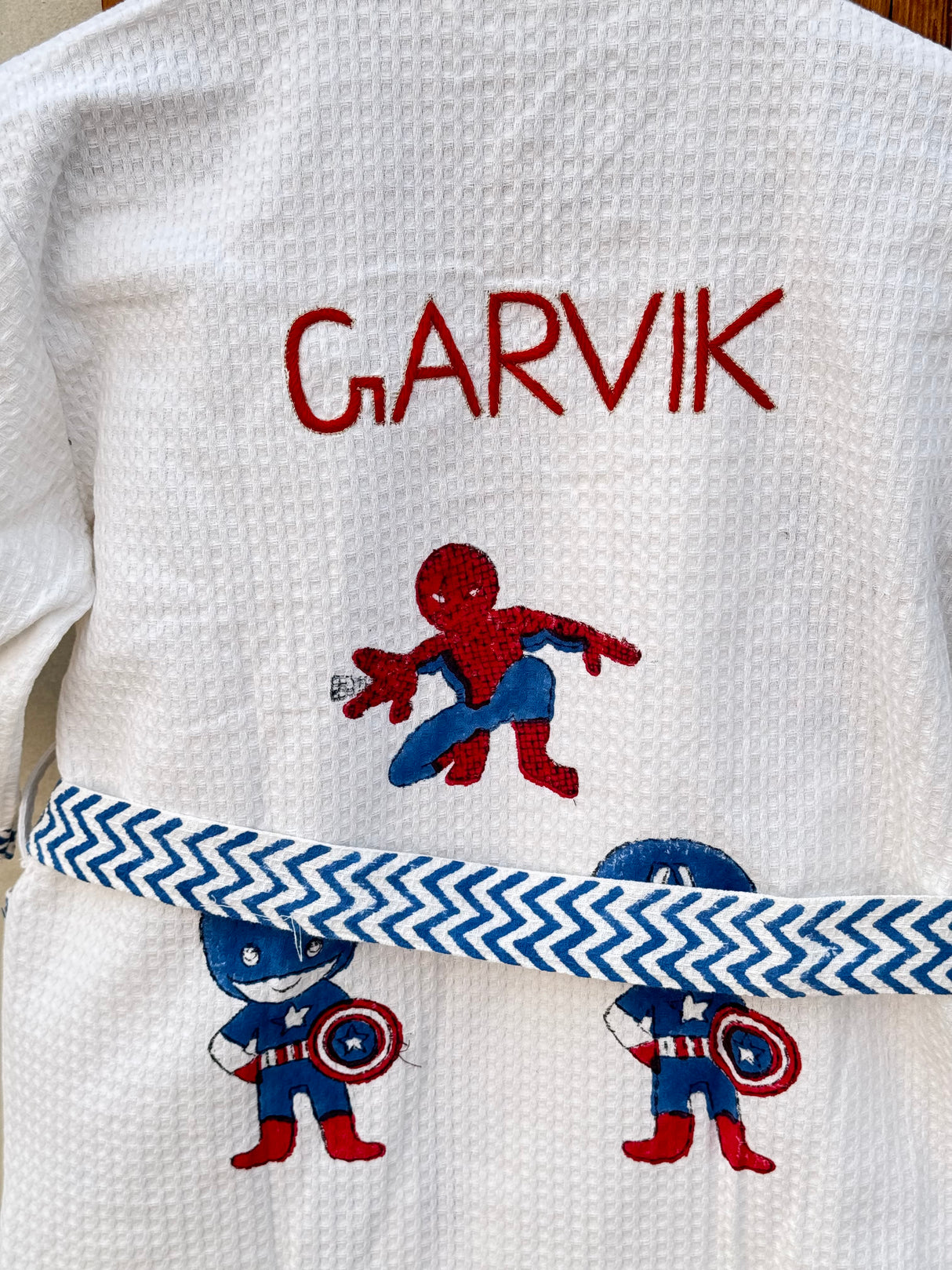 Super Hero Kids Bathrobe-Cotton Waffle Blockprint