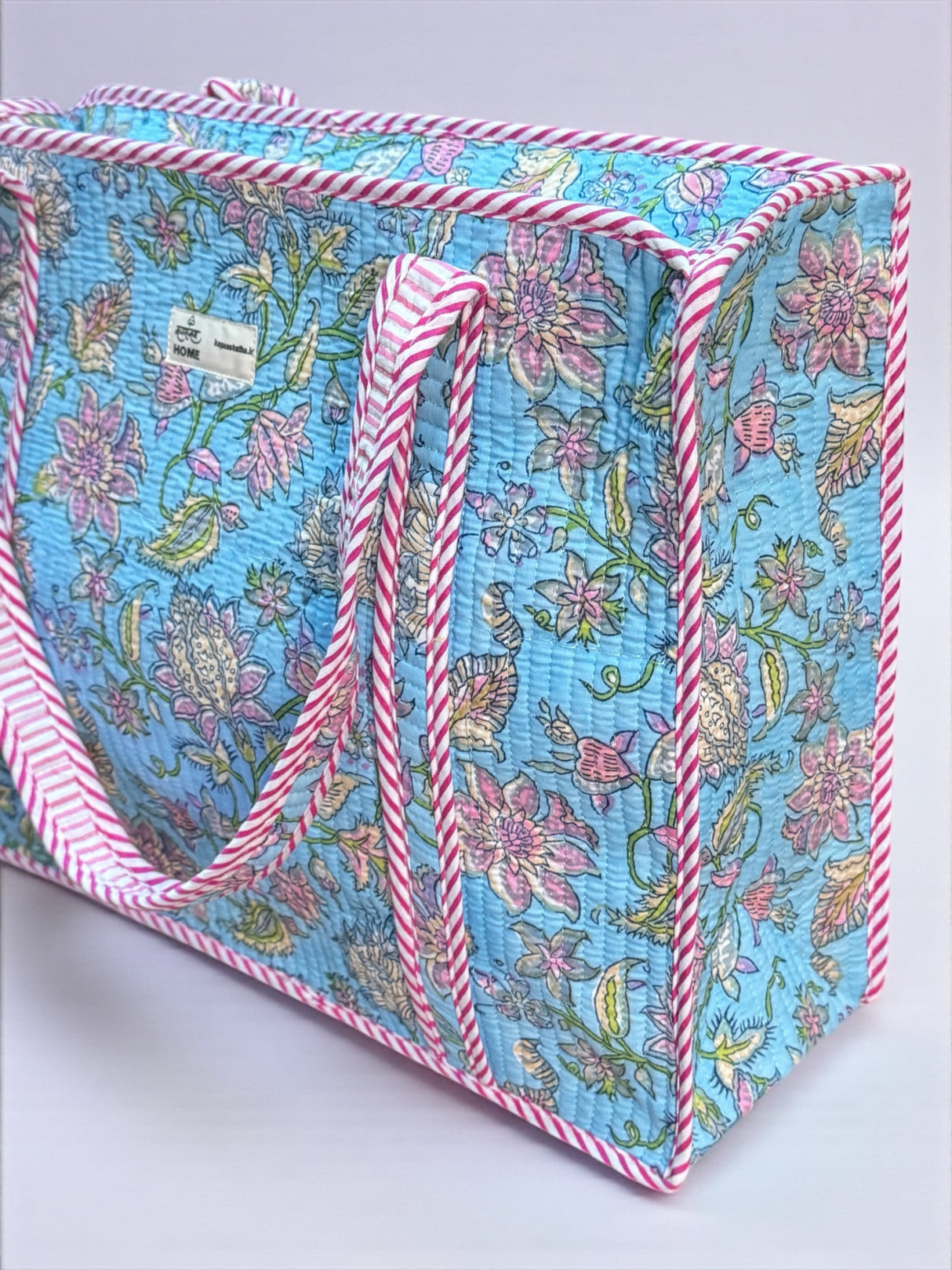 Vibrant Sky Blue & Pink Floral Block Print Handcrafted Tote Bag (with Zip Closure)