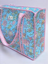 Vibrant Sky Blue & Pink Floral Block Print Handcrafted Tote Bag (with Zip Closure)