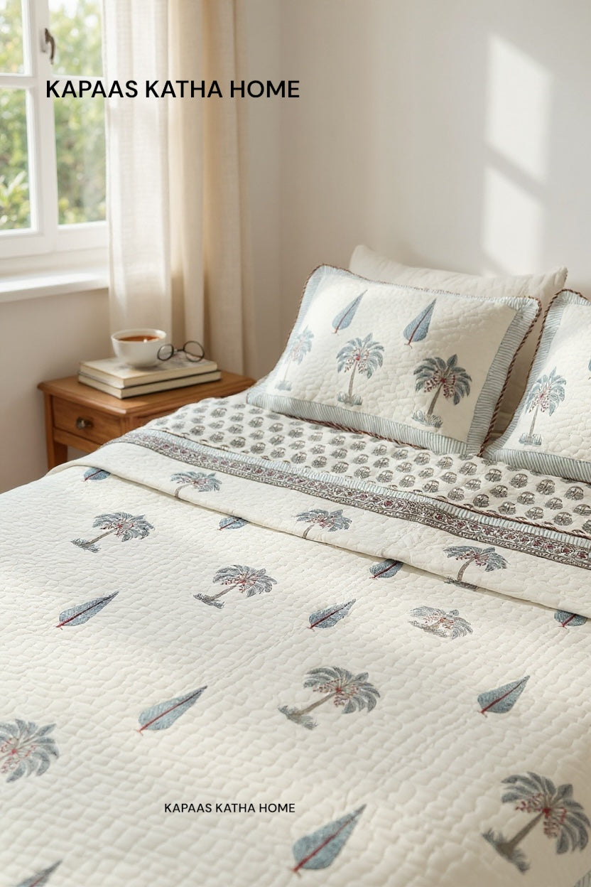 Double Size Quilted Blockprint REVERSIBLE Mulmul Bedcover (90*108 inches)
