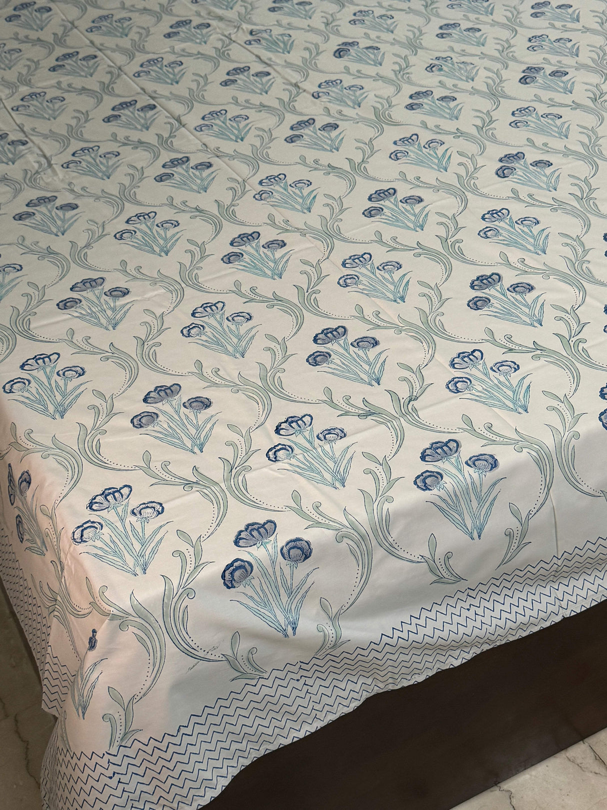 Blockprint Cotton Bedsheet- Light Blue Base Color