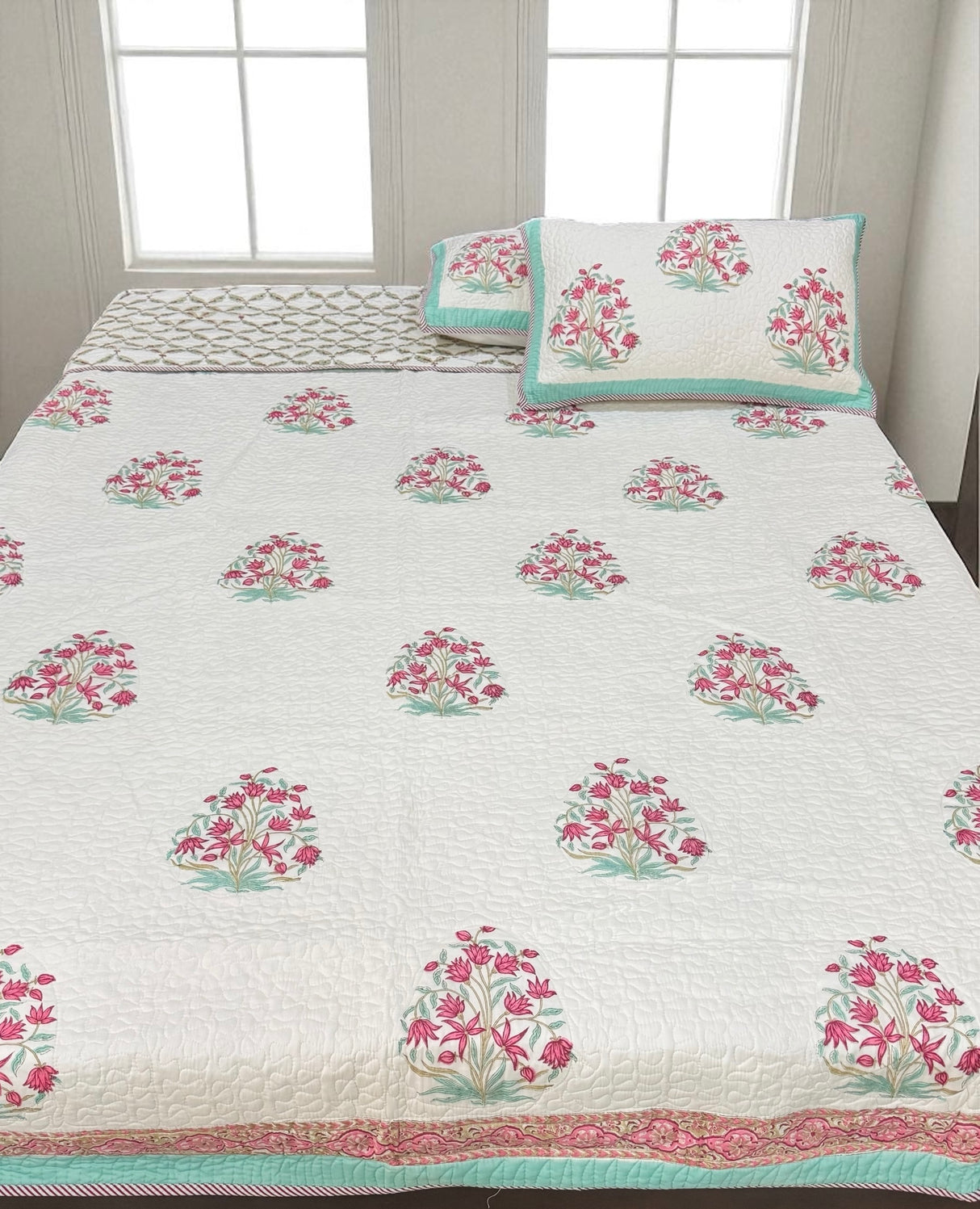 Double Size Quilted Blockprint REVERSIBLE Mulmul Bedcover (90*108 inches)