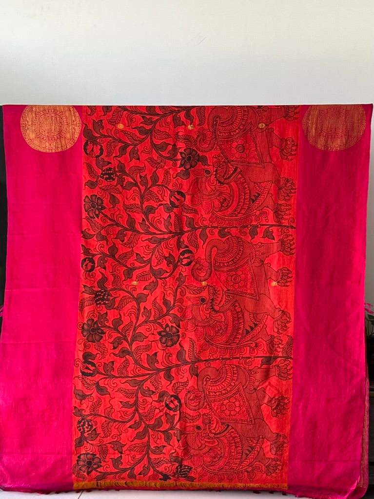 Orange Base and Rani Pink Border Yali Theme Pure Silk Kanchipattu Kalamkari Saree