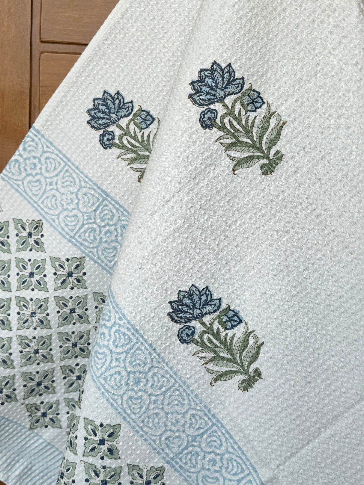 Elegant Blue Blockprint Cotton Towel- Waffle Weave