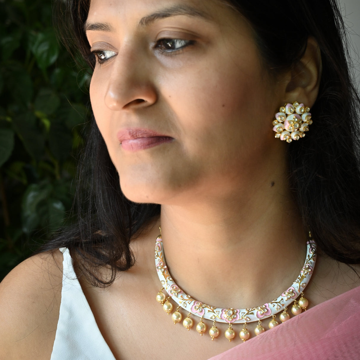 White and Pink Handcrafted 92.5 Silver Meenakari Hasli with Earrings
