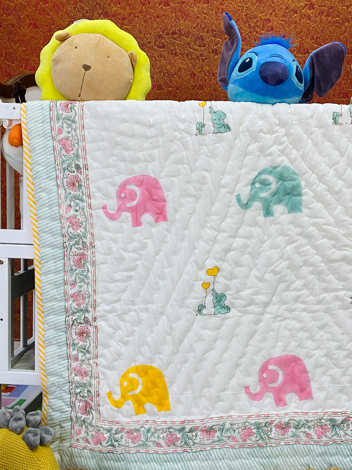 Cot Set-Elephant Blockprint (1 quilt, 1 pillow, 2 bolsters)