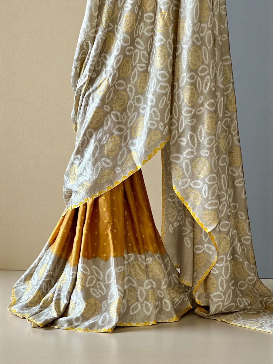 Elegant Grey Mustard Pure Gajji Silk Bandhani Saree