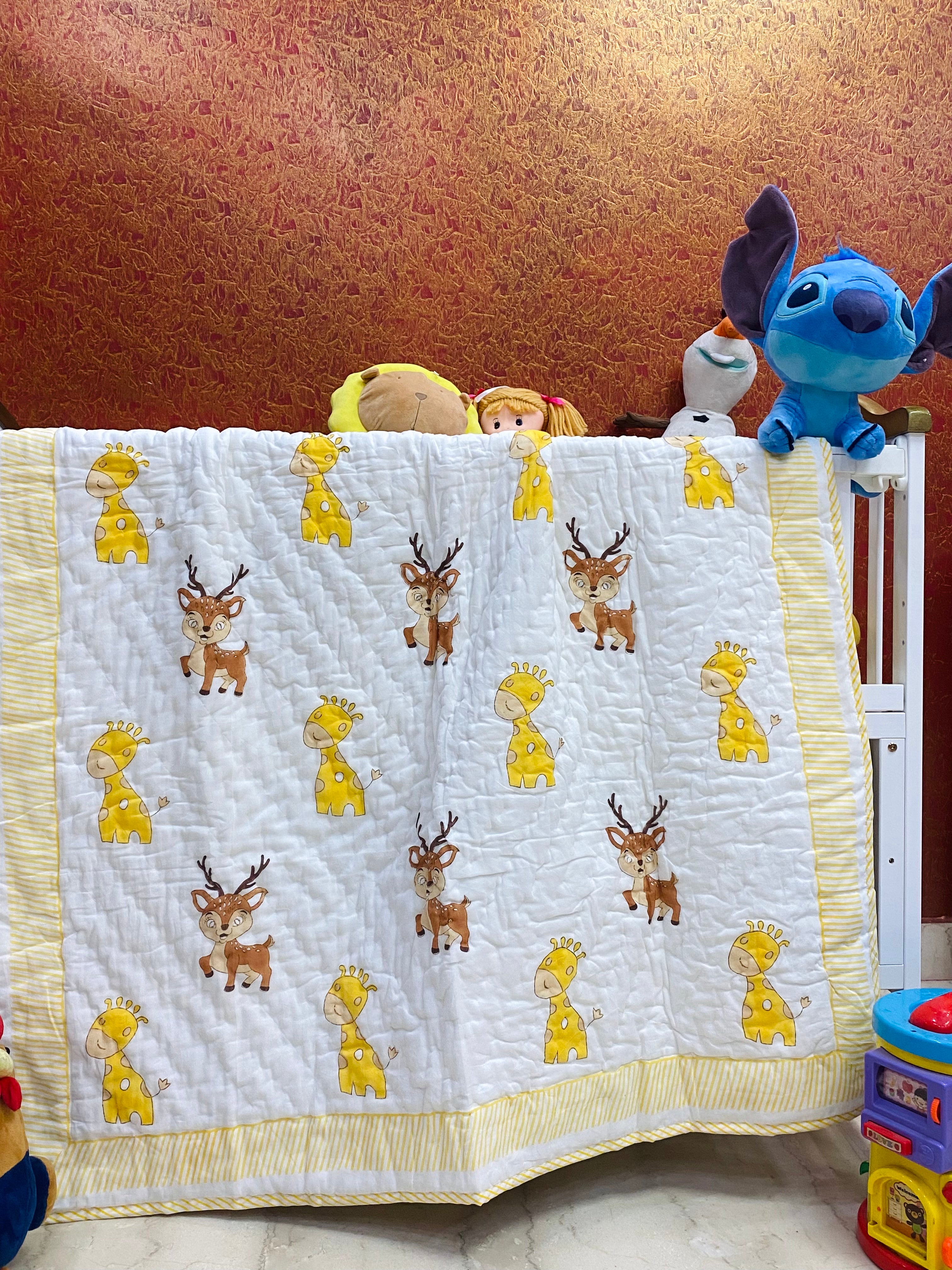 Deer Giraffe Kids Quilt Handblock Printed- 60*40 inches