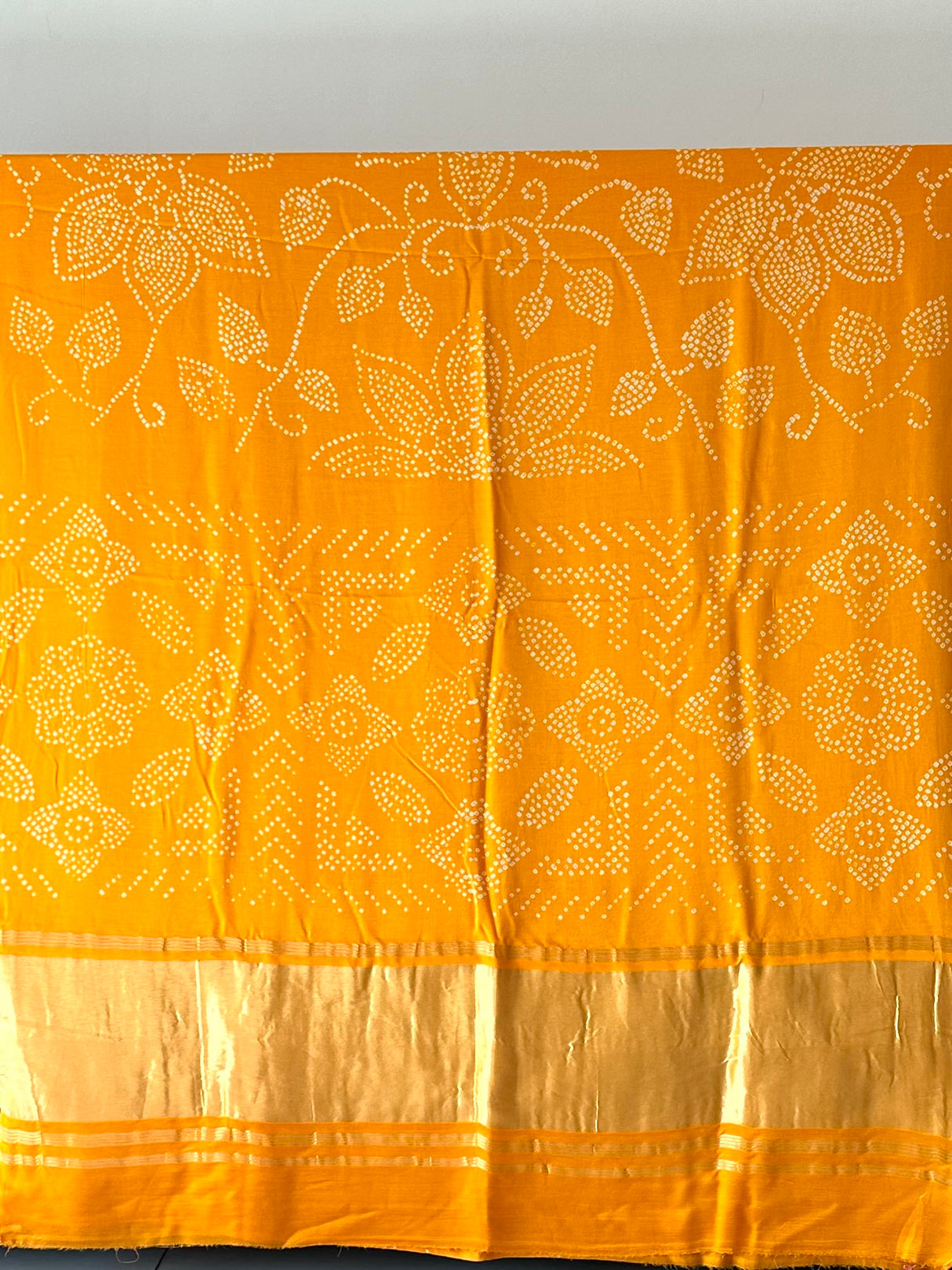 Orangish Yellow Floral Pure Gajji Silk Bandhani Saree