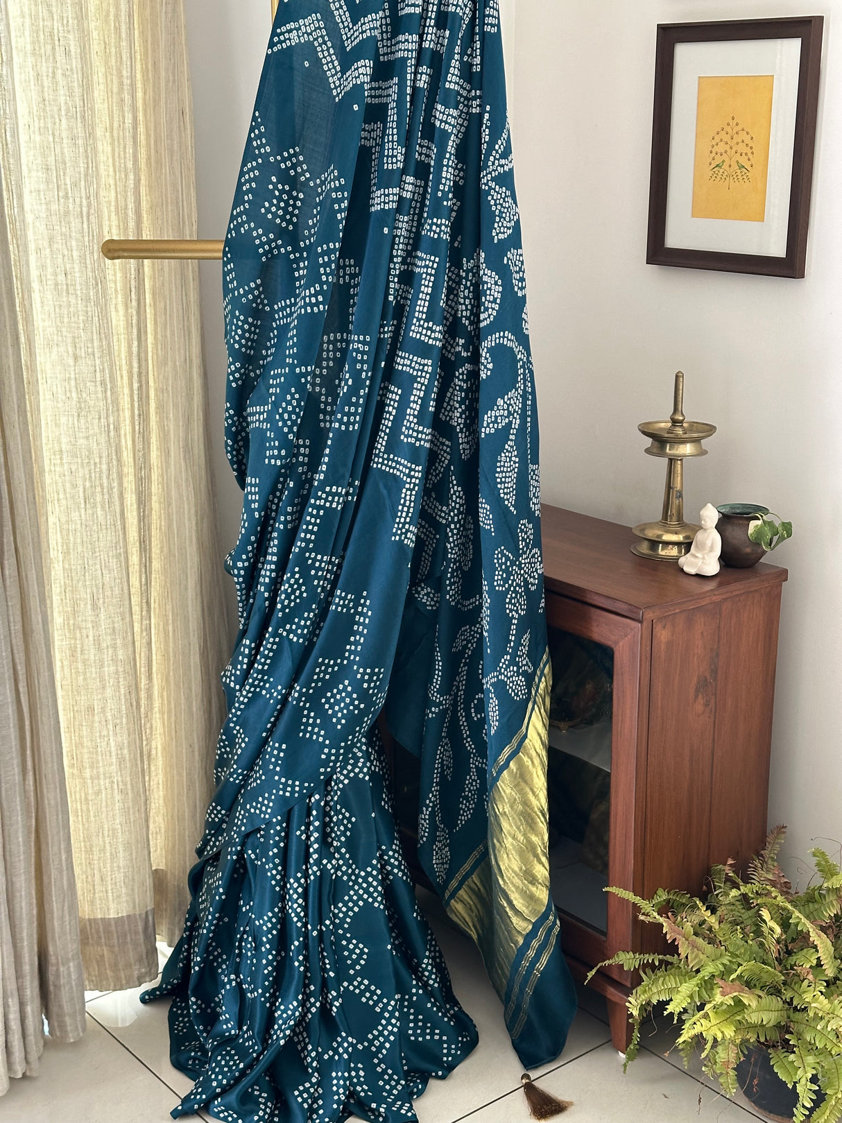 Blue Floral Pure Gajji Silk Bandhani Saree