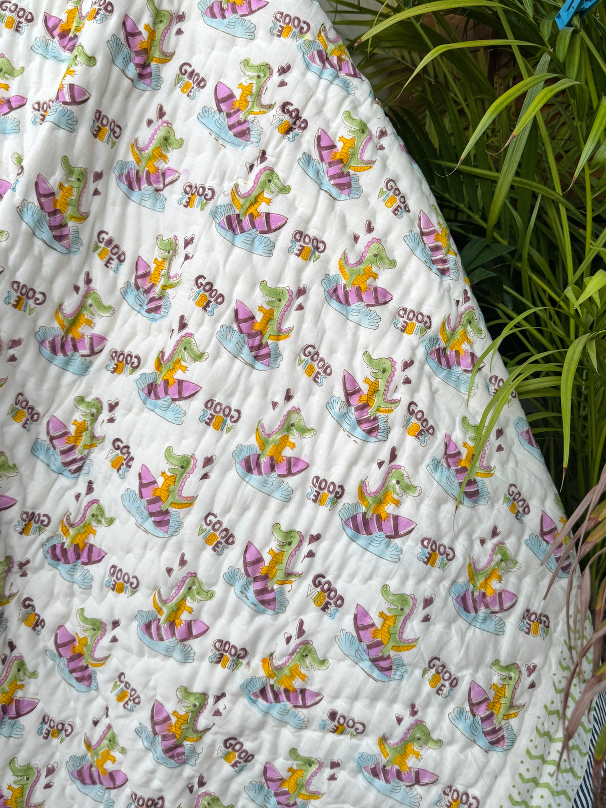 Dinosaur Good Vibes Hand Block Printed Cotton Reversible Kids Quilt