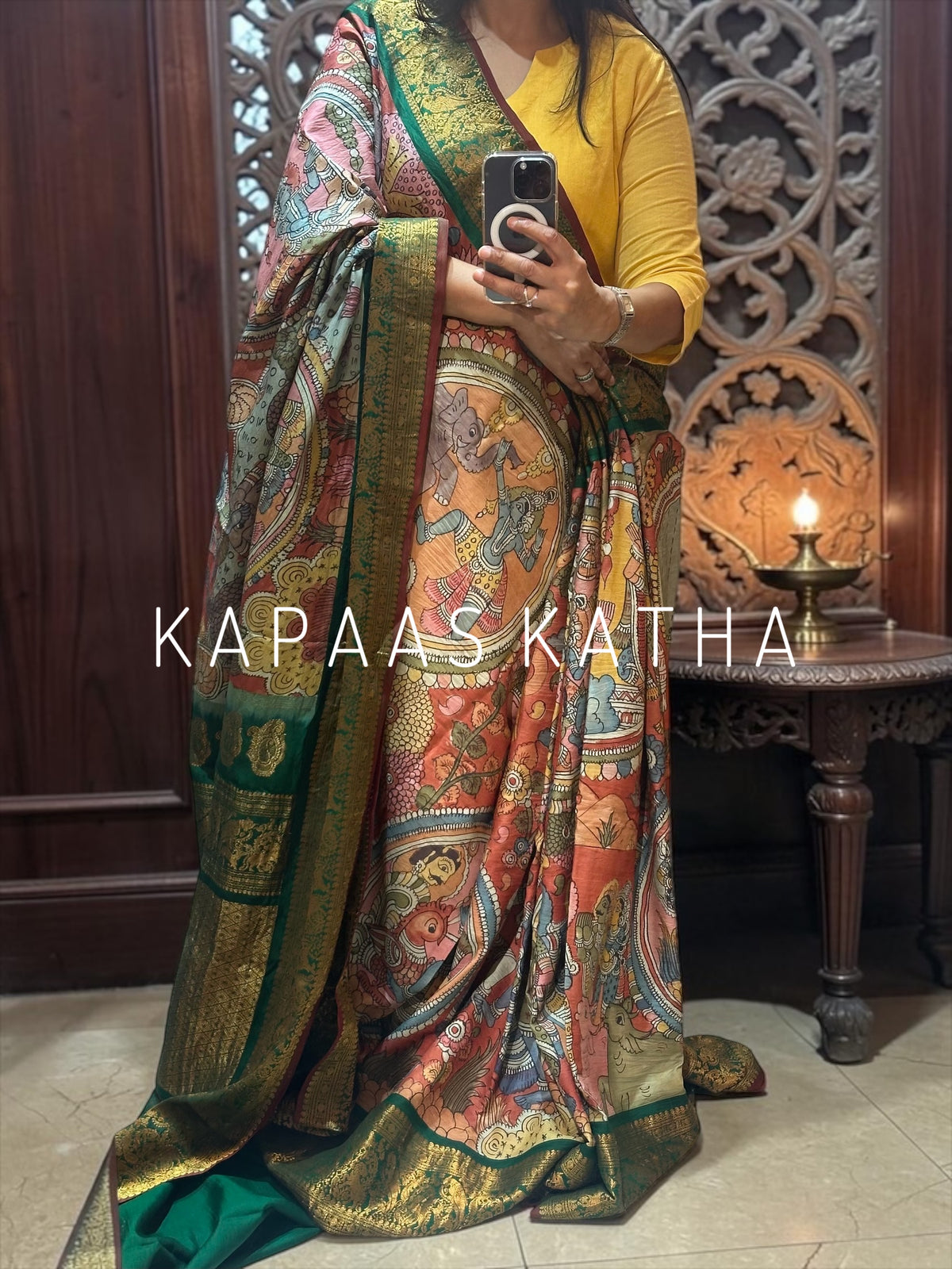 Krishna Leela Theme Pure Kanjivaram Silk Kalamkari Saree