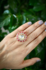 Handcrafted Adjustable 92.5 Silver Ring with Moissanite polki and Imitation Ruby