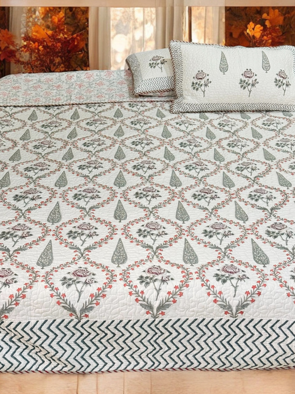 KING Size Quilted Blockprint REVERSIBLE Mulmul Bedcover (108*108 inches)