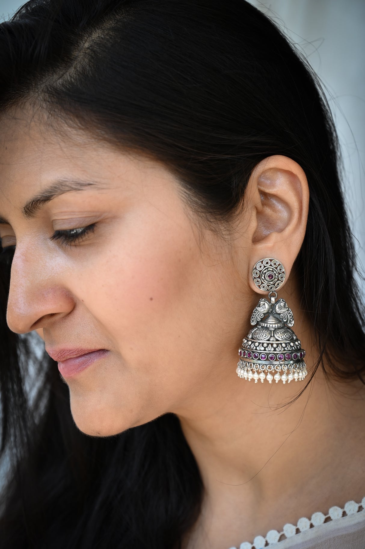 Handcrafted Peacock Theme Nakshi Silver Jhumkas